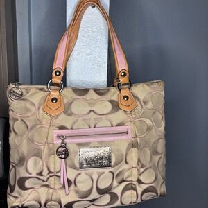 Coach Vintage Poppy Shoulder Bag Logo Beige Pink Glitter Sparkle jaquard